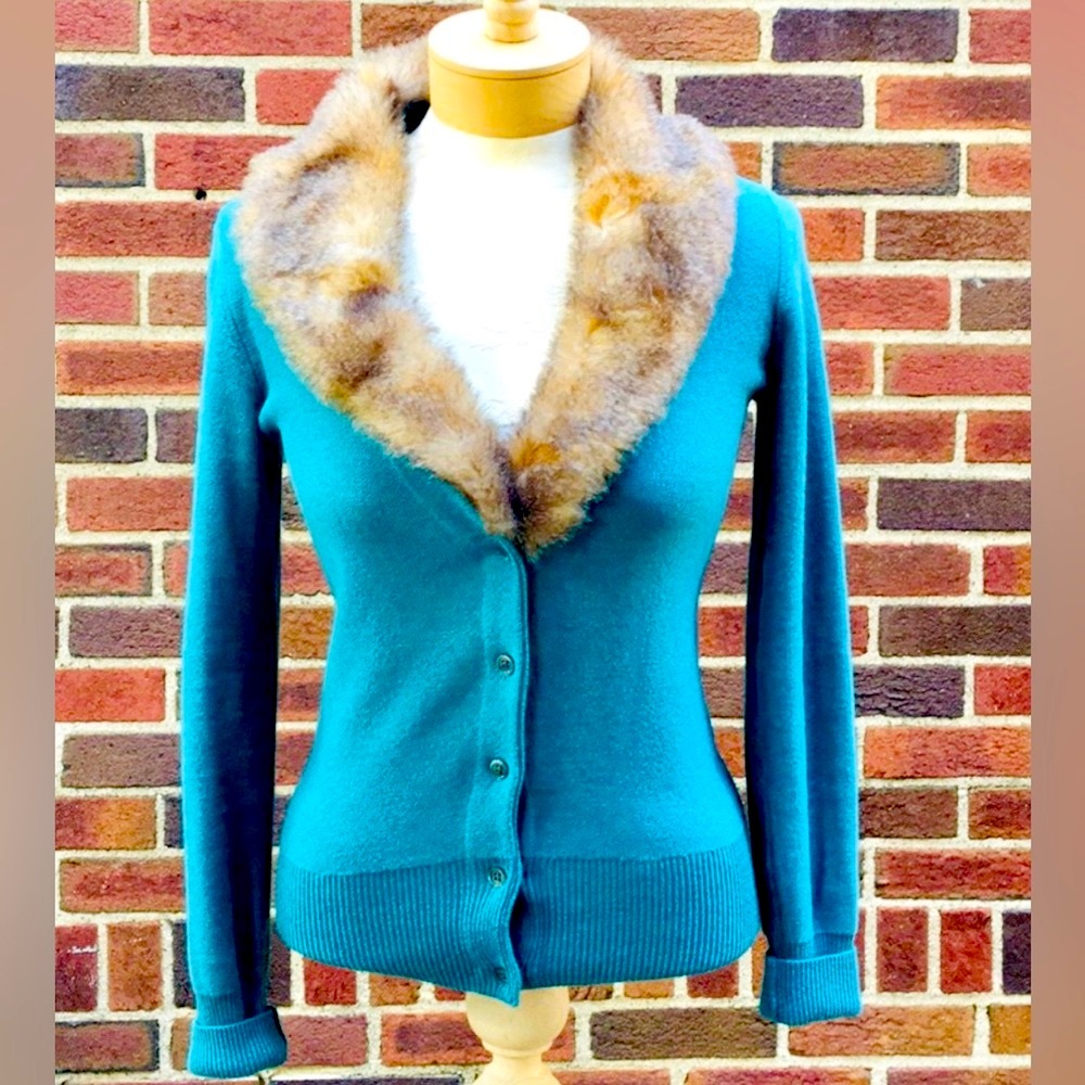 COPY - Anthropologie Cabi turquoise Faux Fur Tea Room cardigan size XS
